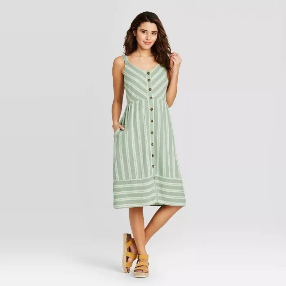 Universal Thread Sleeveless Button Front Sun Dress Striped Linen Size Medium